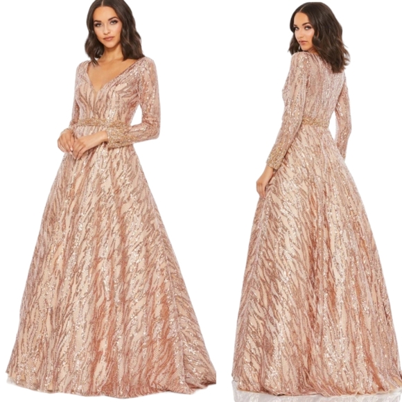 Mac Duggal Size 12 Beaded Sequin Longsleeve Champagne 67592 Dress
